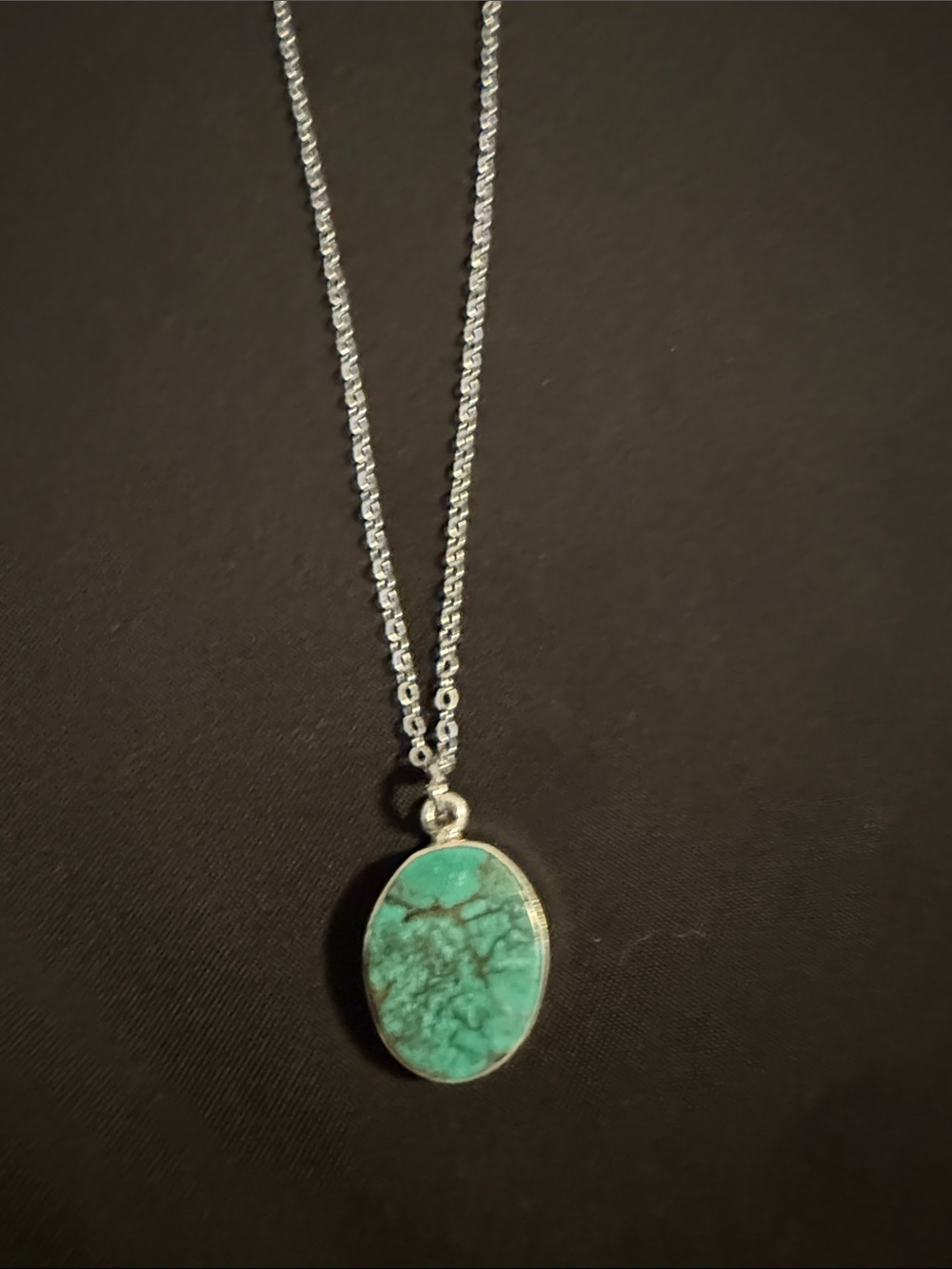 Sterling Silver Tibetan Turquoise Oval Pendant Necklace - Turquoise
